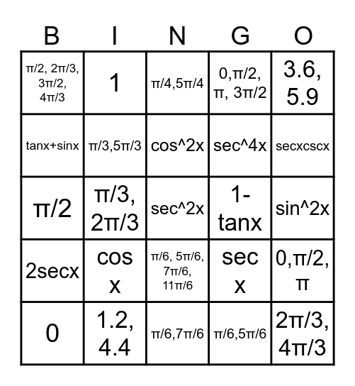 Trigonometric Equations Bingo Card