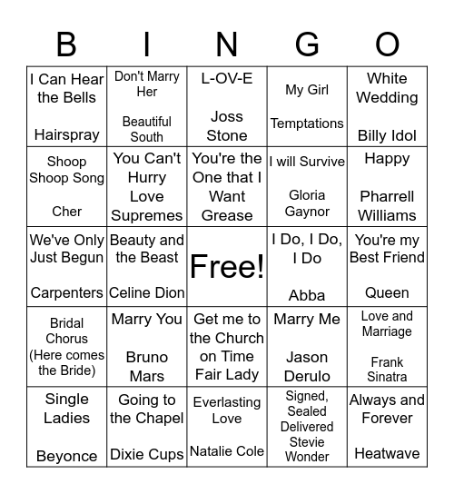 Hen Songs Bingo Card