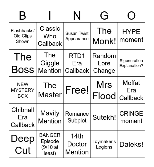 Doctor Who Season 40 Bingo Card