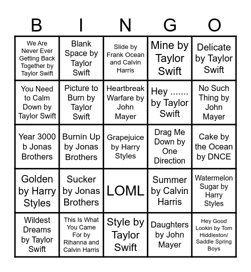 Taylor Swift and Her Exes Bingo Card