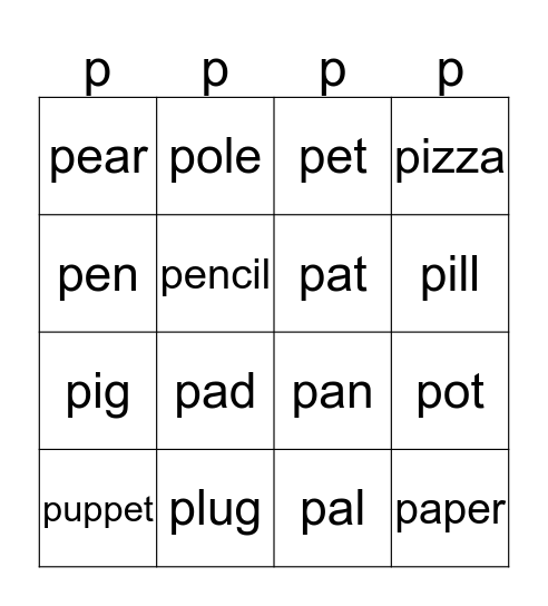 Bingo with 'p' words  Bingo Card