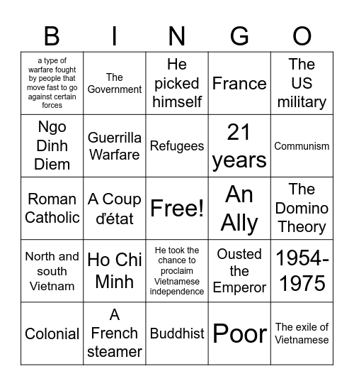 Vietnam War Bingo Card