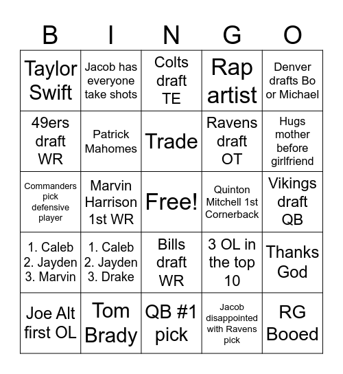 NFL Draft Bingo Card