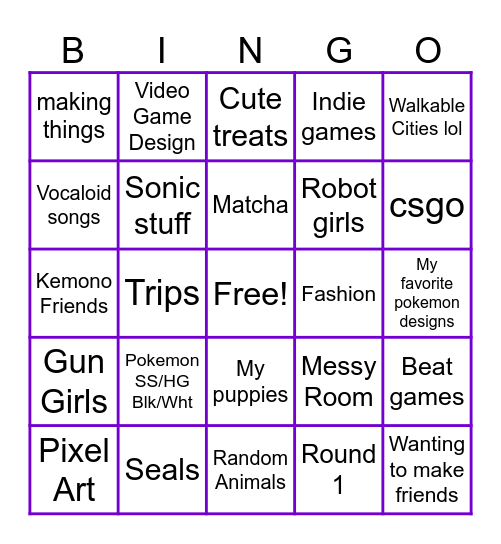 Bingo of things I yap about Bingo Card