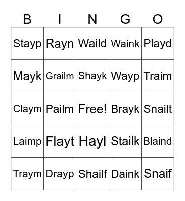 ai and ay Nonsense Words Bingo Card