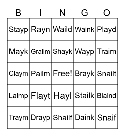 ai and ay Nonsense Words Bingo Card