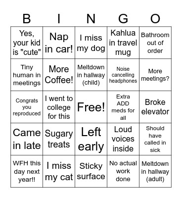 Bring your kid to work day Bingo Card