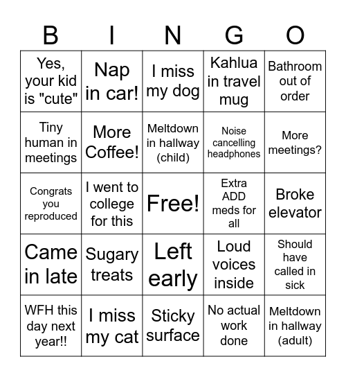 Bring your kid to work day Bingo Card