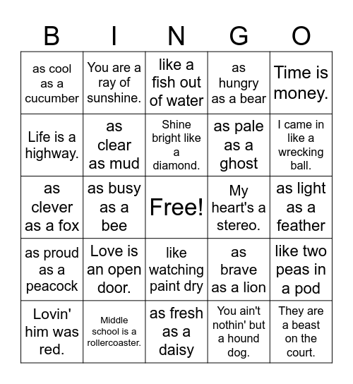 Simile & Metaphor Bingo Card