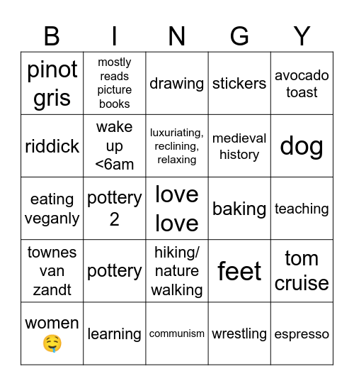 nico interests/likes bingy Bingo Card