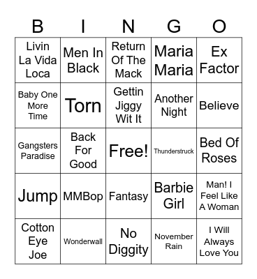 90s Music Bingo Card