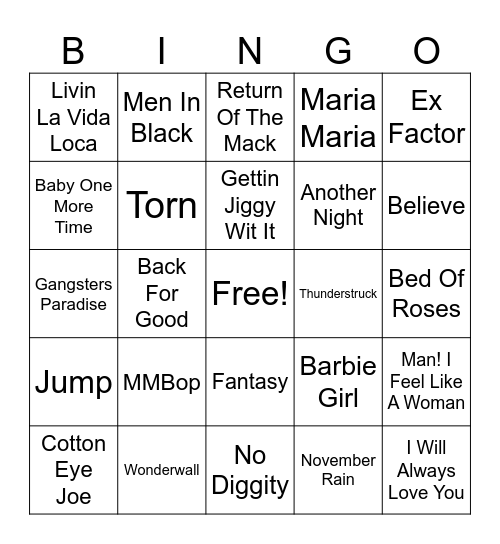 90s Music Bingo Card