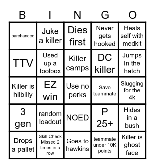 DBD Survivor Bingo Card