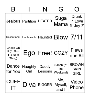 R&B Bingo Beyonce Bingo Card