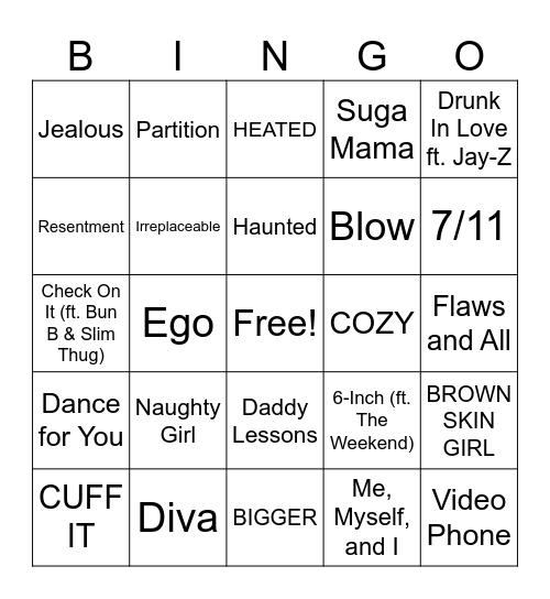 R&B Bingo Beyonce Bingo Card