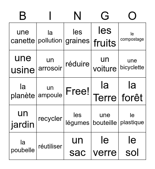 Bingo de vocabulaire Bingo Card
