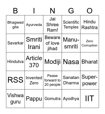India Whatsapp Bingo Card