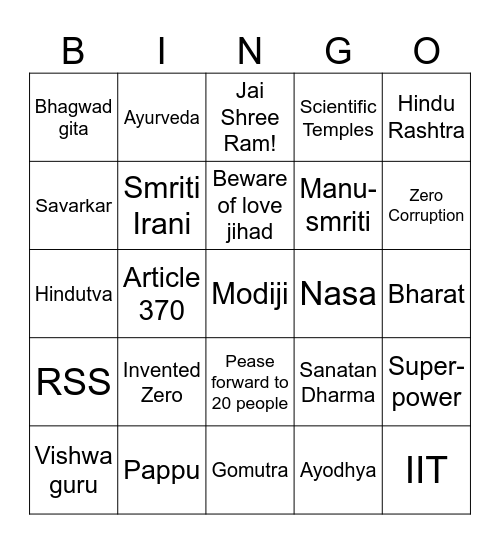 India Whatsapp Bingo Card