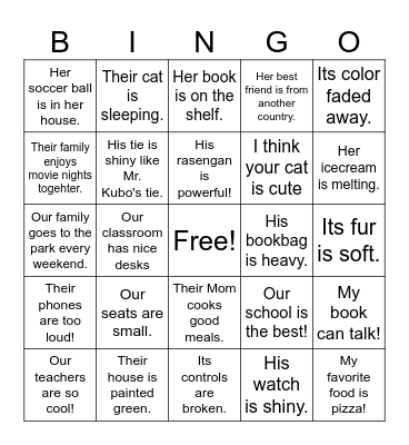 Possessive Adjectives Bingo Card