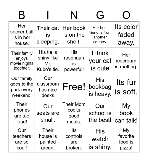 Possessive Adjectives Bingo Card