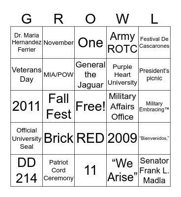 Growl Bingo Card