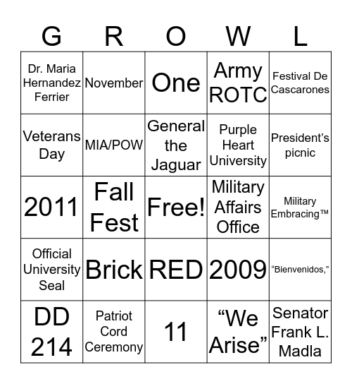 Growl Bingo Card