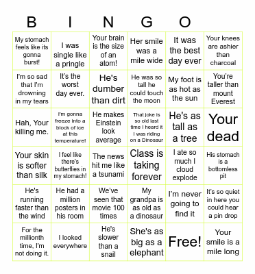Hyperbole Bingo Card
