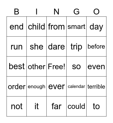 High Frequency Words Bingo Card