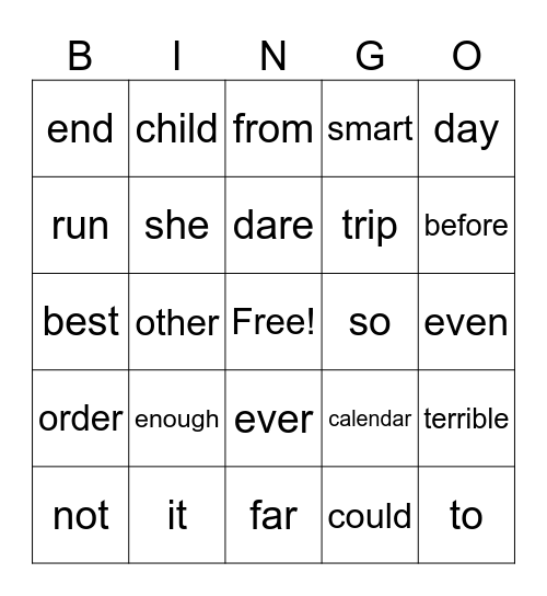High Frequency Words Bingo Card