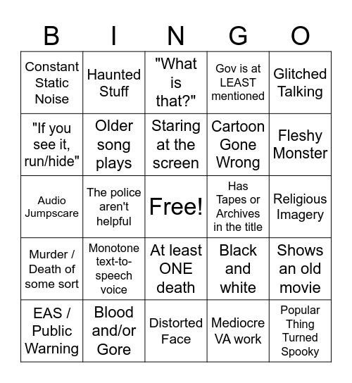 Analog Horror Cliche Bingo Card