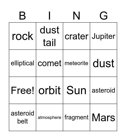 Asteroids, Comets, and Meteors Bingo Card