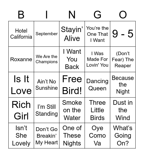 70's Hits Bingo Card