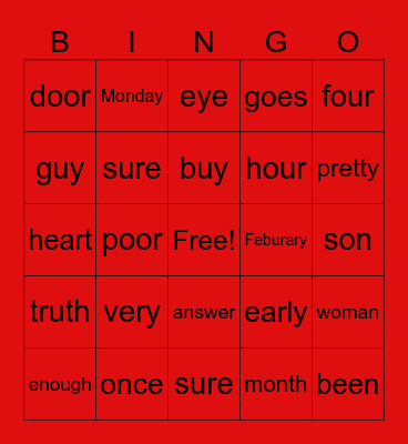 Heart words Bingo Card