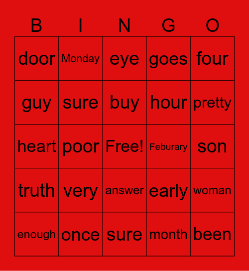 Heart words Bingo Card