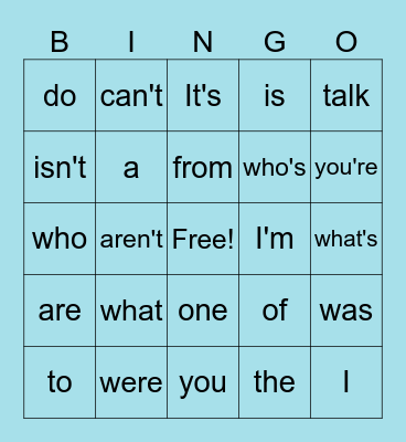 Sight words/Contractions Bingo Card