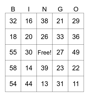 Numbers 1 through 59 Bingo Card