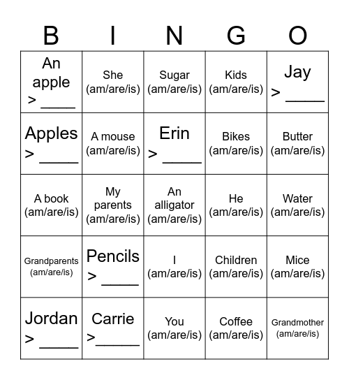 Pronoun(>) and verb be Bingo Card
