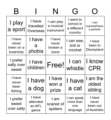 About Me! Bingo Card