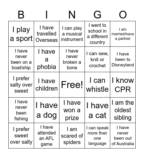 About Me! Bingo Card