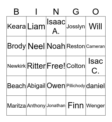 ClASSROOM NAMES  Bingo Card