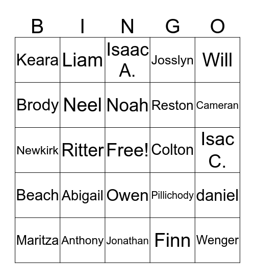 ClASSROOM NAMES  Bingo Card