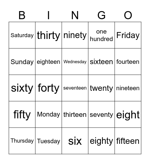 Weekdays And Numbers Bingo Card Weekdays and numbers bingo card