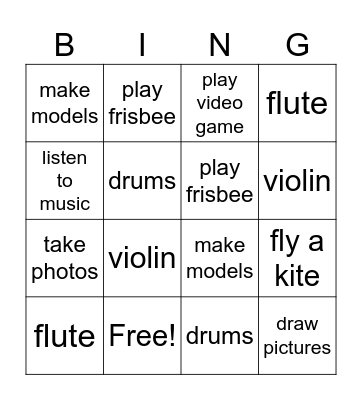 Free Time Fun Bingo Card