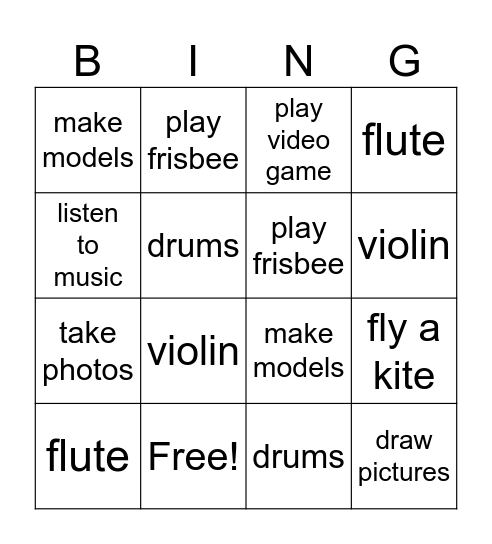 Free Time Fun Bingo Card