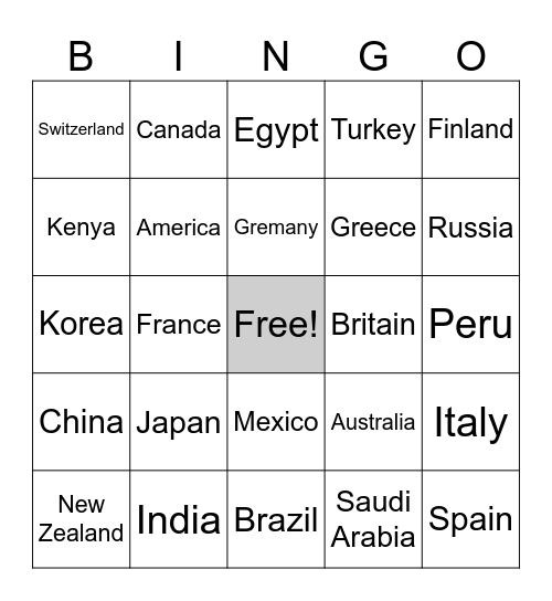 Country Bingo Card