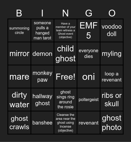 Amy's Phasmophobia Bingo Card