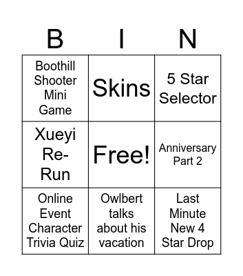 Star Rail 2.2 Livesteam Bingo Card