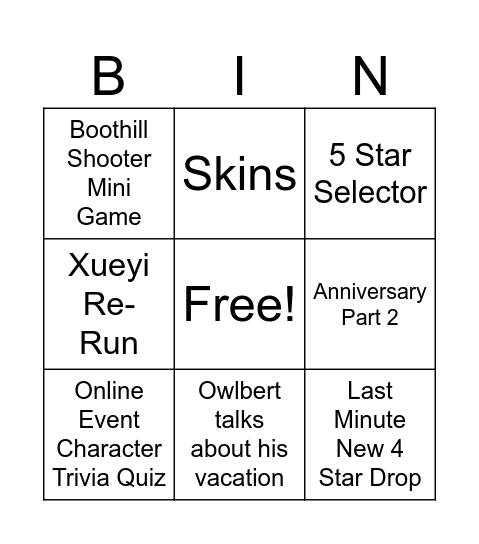 Star Rail 2.2 Livesteam Bingo Card