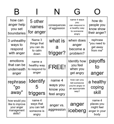 Anger Management Bingo Card