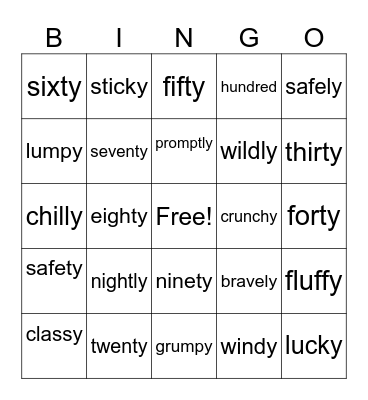 ty and ly as a suffix Bingo Card